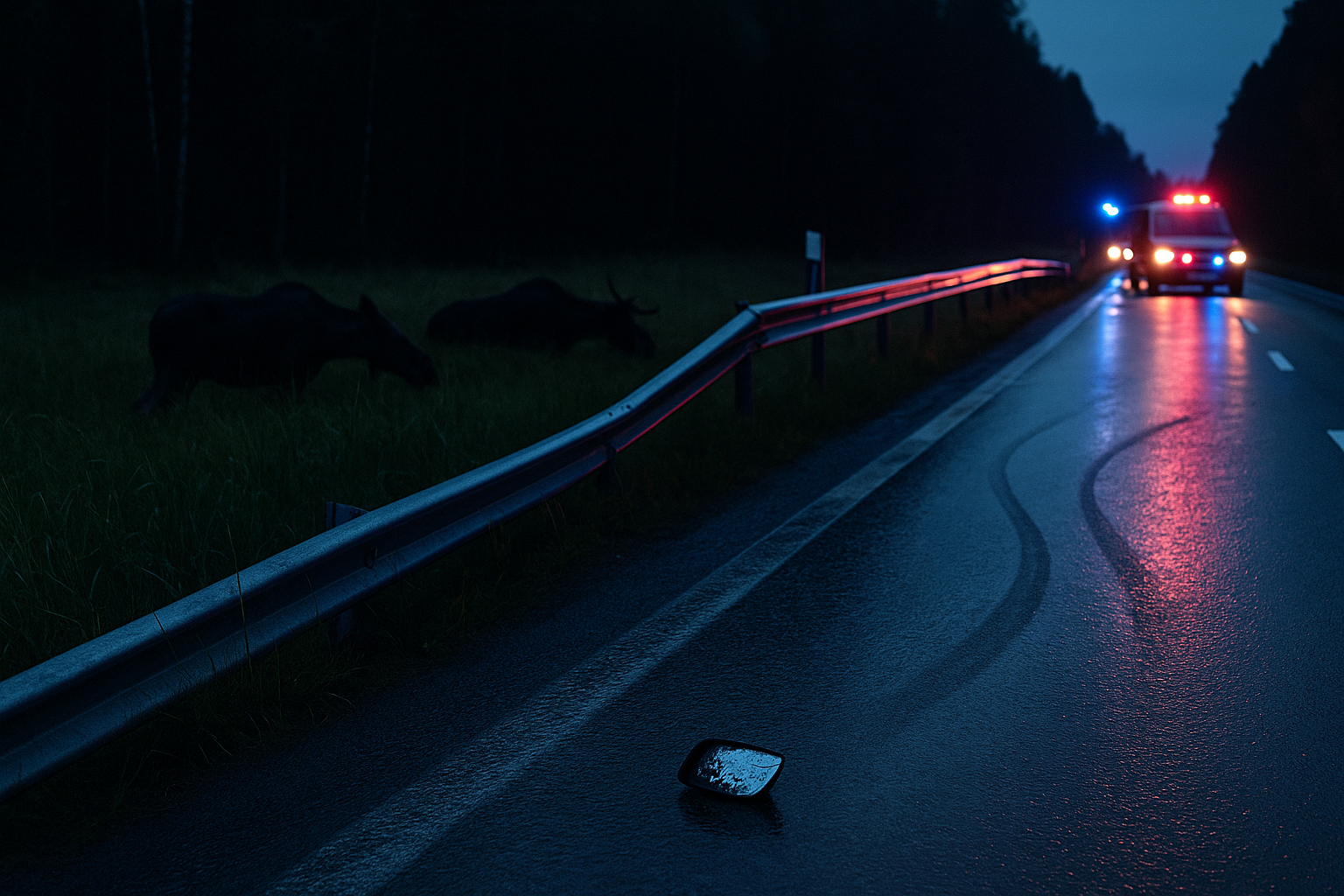 Bil kolliderar med två älgar på riksväg 49 – föraren oskadd, räddningstjänst larmas