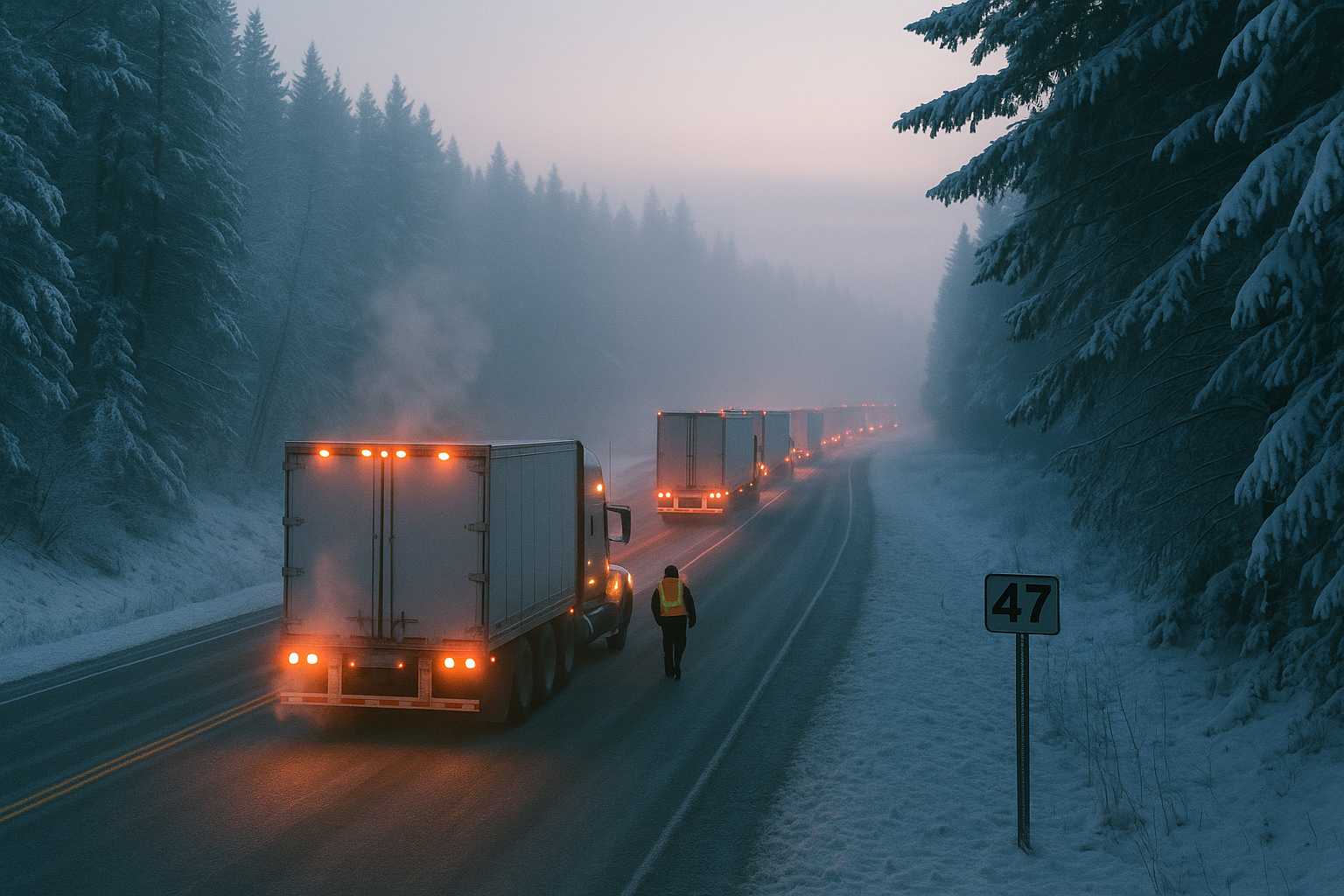 Stillastående lastbilar på väg 47 stoppar pendling och leveranser mellan Krusekvarn och Karleby