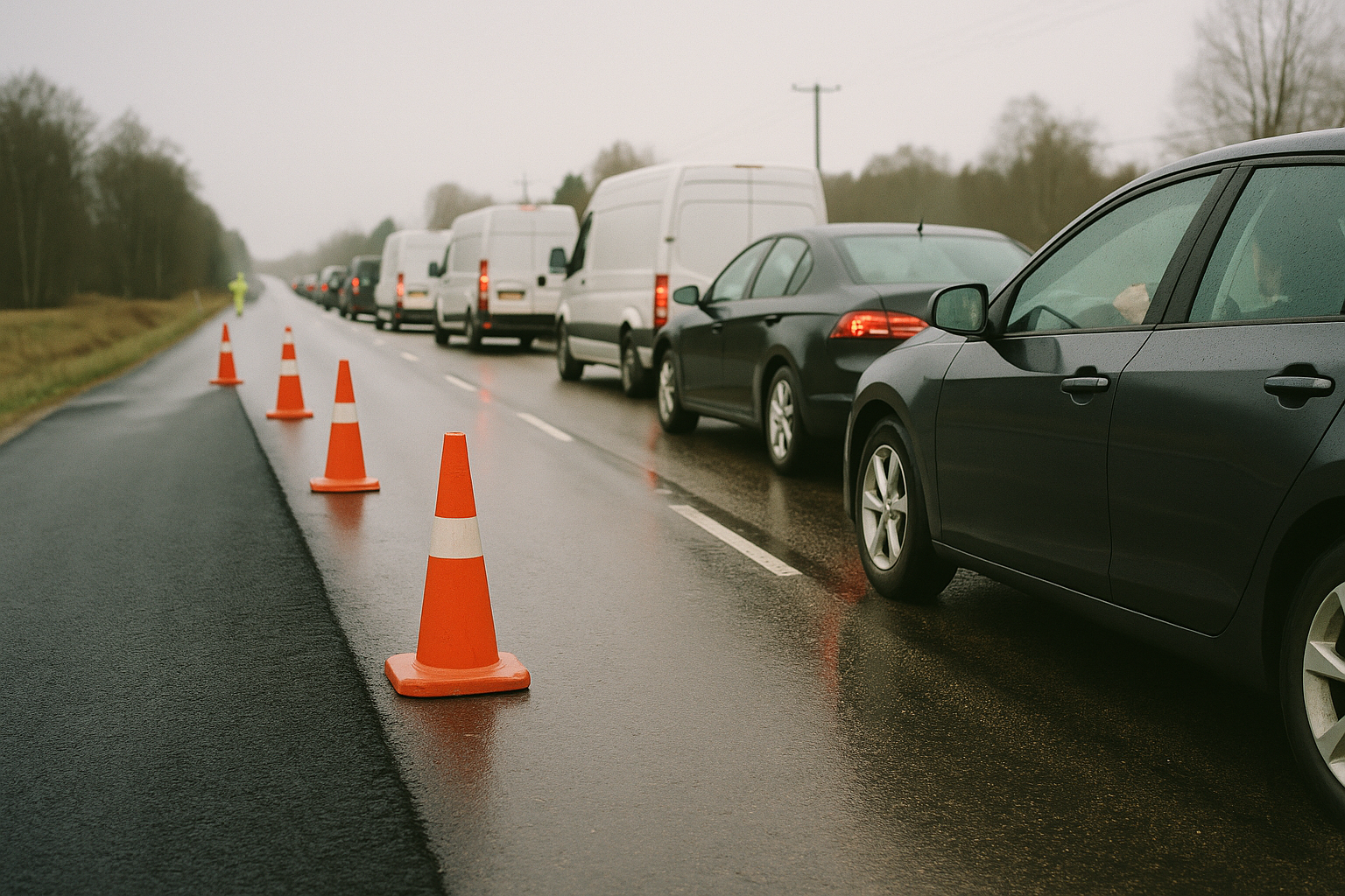 Asfaltering på riksväg 49 stoppar trafik mot Karlsborg