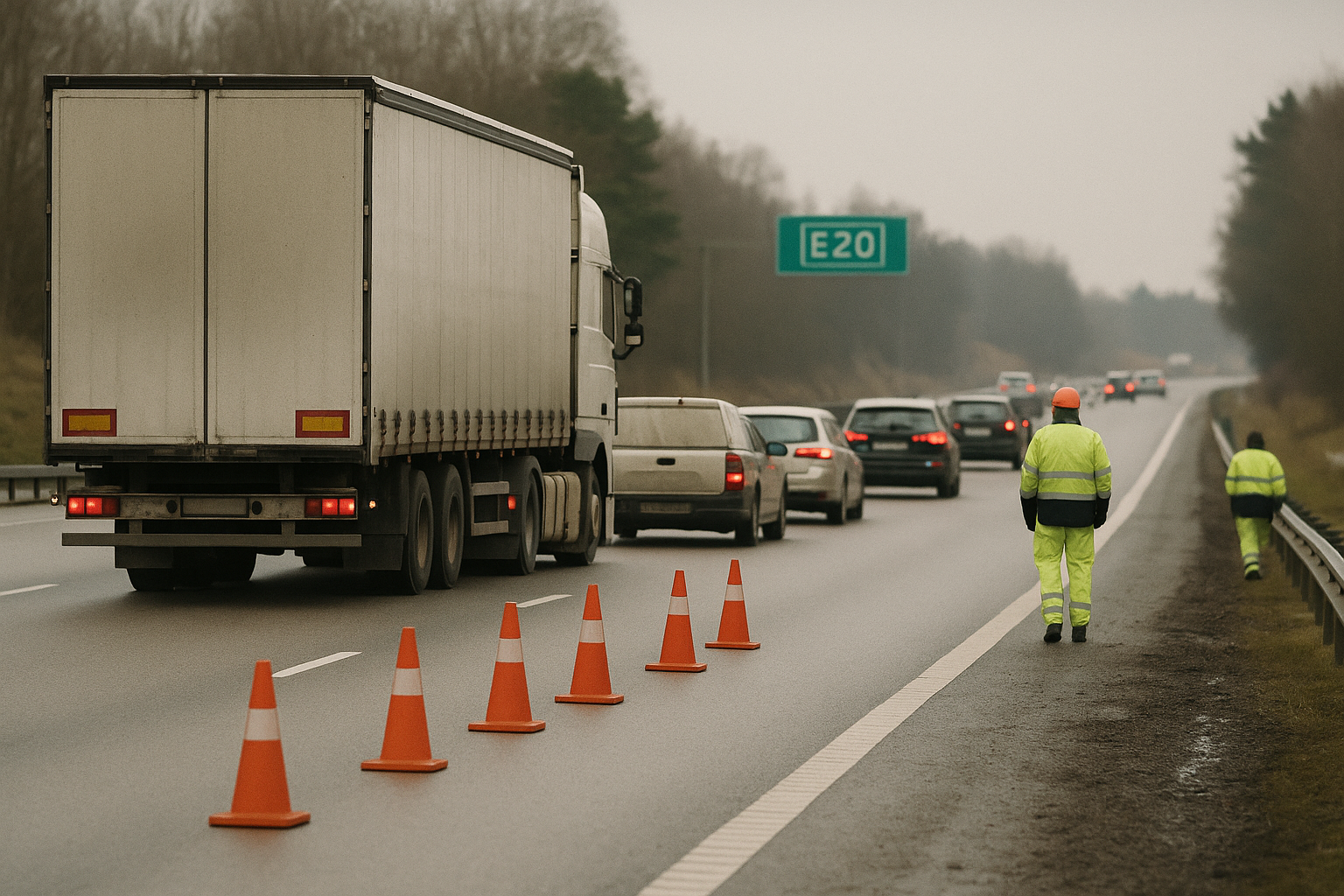 Lastbil av E20 stoppar södergående trafik vid Mariestad