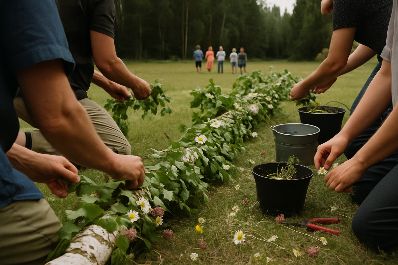 Tivedsbor samlas i Åboholm för att klä midsommarstång